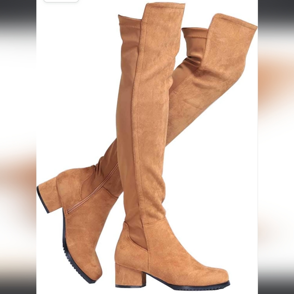 Faux Suede Chunky Heel Stretch Over The Knee Thigh High Boots